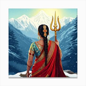 Firefly Indian, Married Woman, Sari, Traditional, Durga, Trident, Weapon, Snow, Hills, Backward View (11) Canvas Print