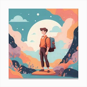 Boy With Backpack In The Mountains Canvas Print