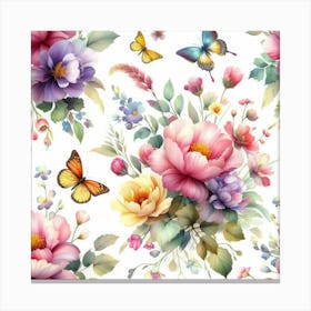 A beautiful watercolor painting of a seamless floral pattern with butterflies, featuring pink, yellow, and purple flowers, and green leaves on a white background, perfect for use as a wallpaper or fabric design. Canvas Print