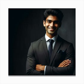 A successful young Indian businessman wearing a dark suit and tie with a confident smile on his face Canvas Print