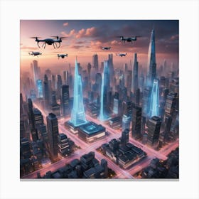 Drones Flying Over A City Canvas Print