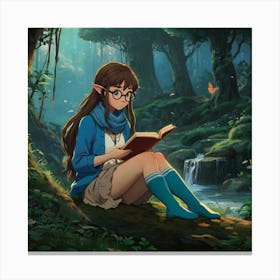 Studio Ghibli ~ Hayao Miyazaki ~ Beautiful elf woman with braided long brown hair, brown eyes, and freckles. wearing a blue scarf, glasses, comfy looking outfit, skirt and thigh highs. sitting and reading a book in a whimsical magical forest with water nearby. whimsical, tetradic colors, The style is highly detailed and vivid, with a blend of realism and fantasy art elements, emphasizing a moody and ethereal ambiance. epic masterpiece, cinematic experience, 8k, fantasy digital art, HDR, UHD. This contrast between the fantastical character and the more traditional fantasy color scheme and elements gives the piece an intriguing narrative quality. 1 Canvas Print