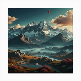 Mountain Landscape With Hot Air Balloons Canvas Print