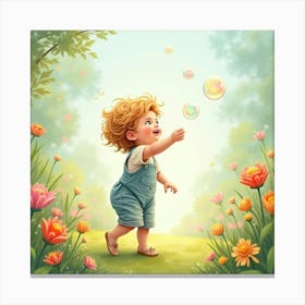 Toddler Chasing Bubbles In A Dreamy Watercolor Garden Canvas Print