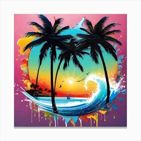 Palm Trees And Waves Canvas Print