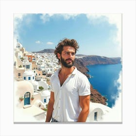 A Striking Greek Man In Watercolor, Framed By The Majestic Cliffs Of Santorini 1 Canvas Print