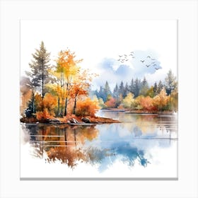 Watercolor Of Autumn Trees On The Lake Canvas Print