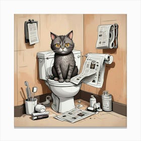 Cat Reading A Newspaper In Toilet (1) Canvas Print