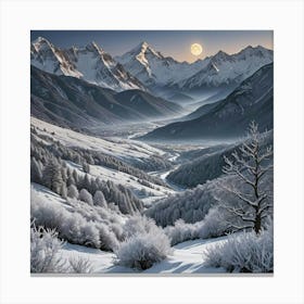 Snowy Mountain At Night Time During Full Moon Canvas Print