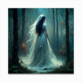 Woman In White Wedding Dress Walking In Dark Forest Canvas Print