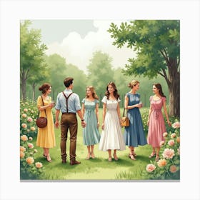 English Garden Party With Romanian Guests, Painted In Soft Watercolor Tones 1 Canvas Print