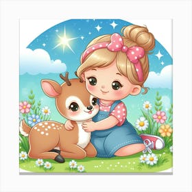 Cute Little Girl Hugging A Deer Canvas Print