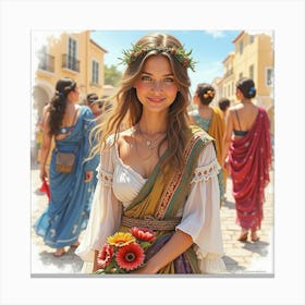 Greek Beauty In Watercolor, Surrounded By The Vibrant Colors Of A Traditional Festival 1 Canvas Print