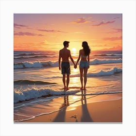 Ocean Sunset Beach With Couple Art Print (2) Canvas Print