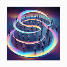 People Walking On A Continuous, Swirling Path Made Of Glowing, Multi Colored Light Against A Dark Background With Stars Canvas Print