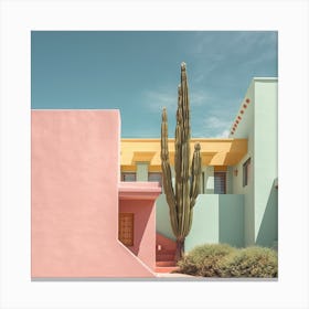 Candy Pastel Colour Houses And A Cactus Summer Photography Canvas Print