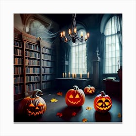 Halloween Pumpkins In The Library Canvas Print