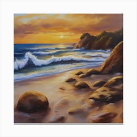 The sea. Beach waves. Beach sand and rocks. Sunset over the sea. Oil on canvas artwork.1 Canvas Print