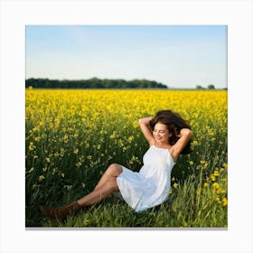 A Cheerful Young Woman Her Hair Reflecting The Suns Summer Light Basks In Natures Beauty While L (2) Canvas Print