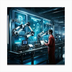 Cyber Industrial Interface Showcasing A Factory Manager Overseeing A High Tech Manufacturing Floor (5) Canvas Print