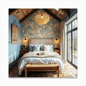 Bedroom With Floral Wallpaper 3 Canvas Print