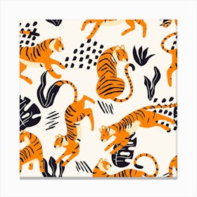 Tiger Pattern On White With Dark Tropical Leaves Decoration Square Canvas Print