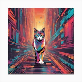 Cat Is Walking Down A Long Path, In The Style Of Bold And Colorful Graphic Design, David , Rainbowco (1) Canvas Print