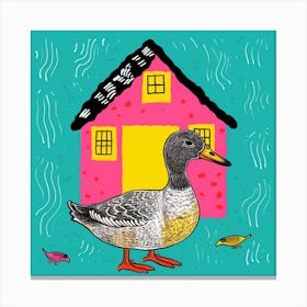 Duckling Outside A House Linocut Style 4 Canvas Print