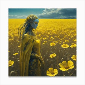 Yellow Flowers In Field With Blue Sky Sf Intricate Artwork Masterpiece Ominous Matte Painting Mo (5) Canvas Print