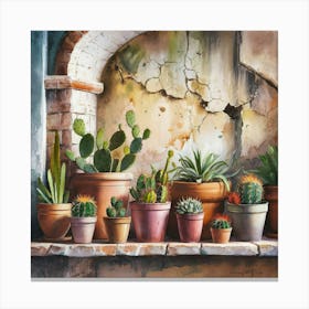 Watercolor painting of an old, weathered wall with cracked stone and peeling paint. The background features various sizes and shapes of terracotta pots on the shelf below. Each pot is filled with vibrant cacti or succulents, 2 Canvas Print
