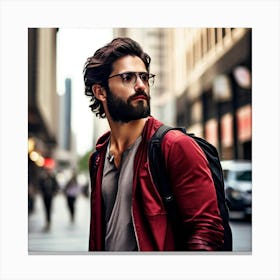 Man Black Hair Beard Red Brown Shirt Looking Away Black Backpack Glasses Metal Building (6) Canvas Print