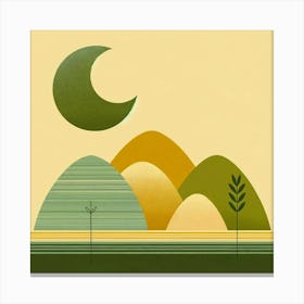 "Crescent Over Harvest Hills"  Under a textured crescent moon, rolling hills of harvest hues come to life, their curves etched with the patterns of agriculture and growth. A solitary tree stands as a sentinel amidst the waves of grain, while a symbol of wheat whispers tales of abundance. This scene is an ode to the gentle close of day, where the land rests under a watchful moon, promising renewal and tranquility. The artwork's earthy palette and stylized simplicity evoke a sense of warmth and contentment, ideal for spaces that cherish the essence of the countryside and the rhythm of nature's cycles. Canvas Print