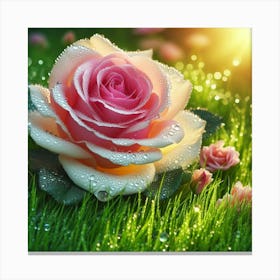 Pink Rose On Green Grass Canvas Print