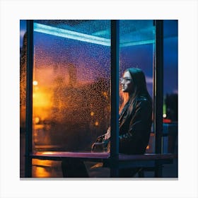 Firefly Street Photography, Beautiful Woman, Bus Shelter, Pensive, Evening, Wet, Rain, Glass, Neon L (9) Canvas Print