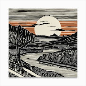  Abstract Sunset In The Valley Linocut Illustration Canvas Print