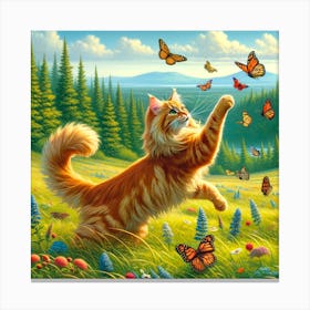 Cat Playing With Butterflies Canvas Print