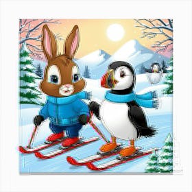 Rabbit And Penguin On Skis 1 Canvas Print