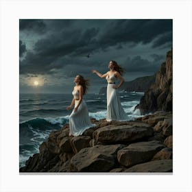 Two Women Standing On The Rocks Canvas Print