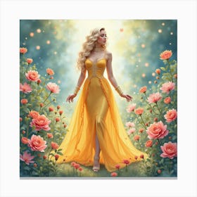 Lady Gaga In Watercolor With A Magical, Enchanted Garden Of Blooming Flowers And Light 1 Canvas Print