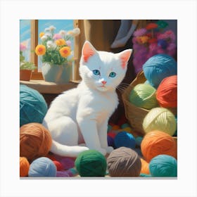 White Kitten With Yarn Canvas Print