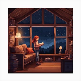 Girl reading in Cabin at night Canvas Print