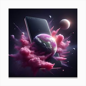 A Photo Realistic Mobile Phone As A Planet In Space With Pink Smoke And Explosions, With 2 Moons In The Background, Digital Art Canvas Print