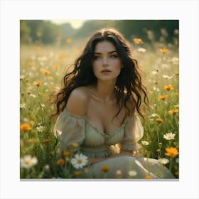 Beautiful Woman In A Field Of Daisies Canvas Print