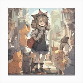 Anime Girl With Cats 1 Canvas Print