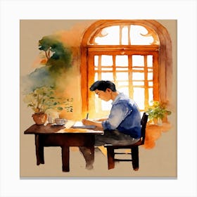 Watercolor Of A Man Writing 2 Canvas Print