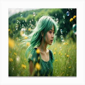 Green Haired Girl With Bubbles Canvas Print