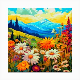 Wildflowers In The Mountains is a painting of a mountain scene with flowers. Canvas Print