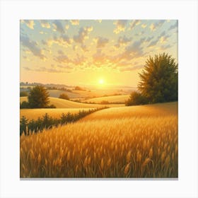 An English Countryside Sunset With Golden Fields, Watercolor Effect 1 Canvas Print