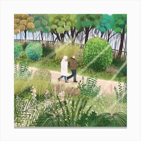 Old Couple Walking In The Garden Retirement Life Square Canvas Print
