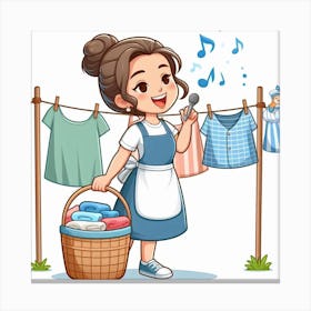 Cartoon Girl Washing Clothes 2 Canvas Print